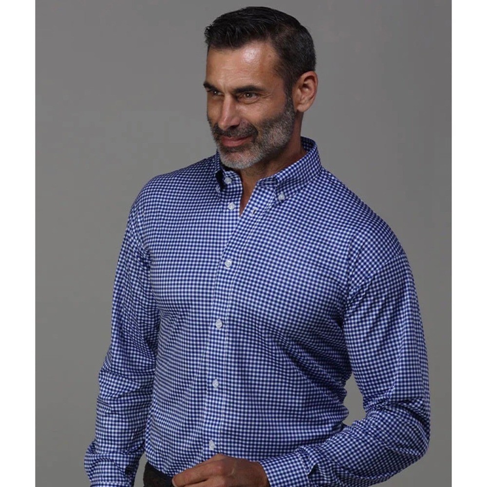 Collars & Co Mens LARGE Quattro Flex Dress Shirt Blue Gingham Long Sleeve NWT